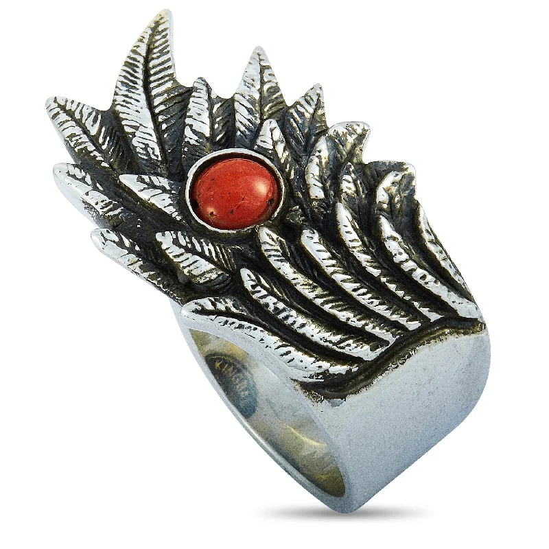 men’s custom promise rings-King Baby Raven Wing Sterling Silver and Coral Cabochon Ring