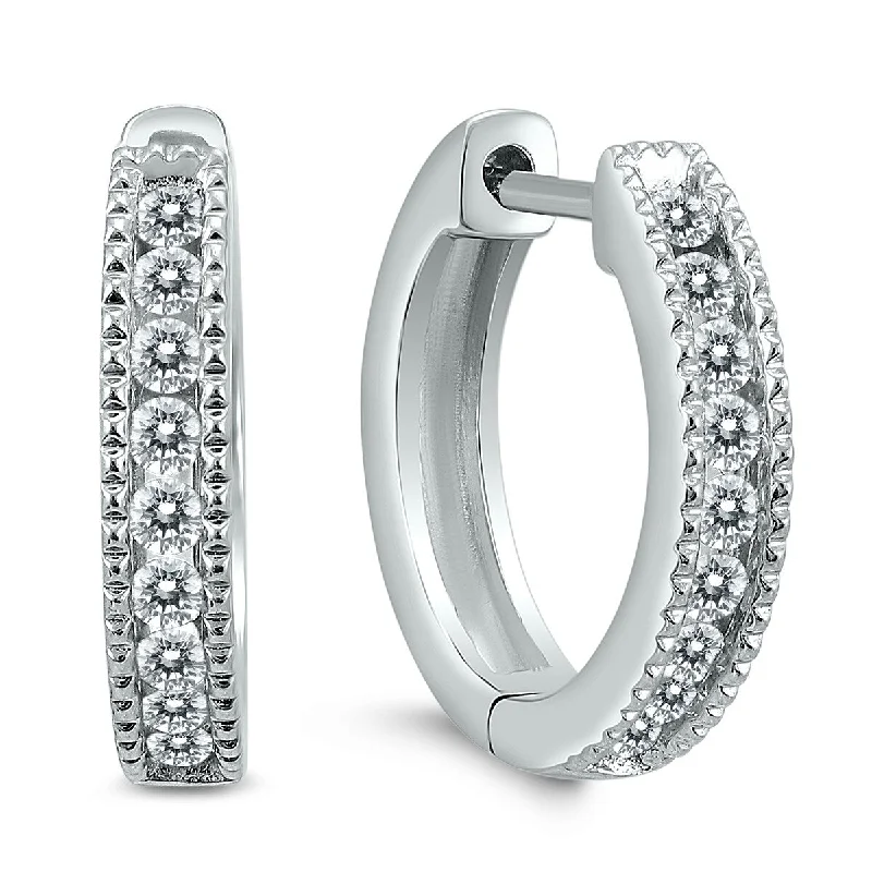 silver huggie earrings for classic style -Marquee 1/4 Carat TW Small Diamond Channel Set Huggie Hoop Earrings in 10K White Gold