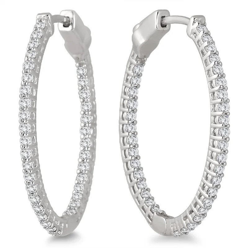 bright crystal earrings for a pop of color -Marquee 1 Carat TW Oval Diamond Hoop Earrings with Push Button Lock in 10K White Gold