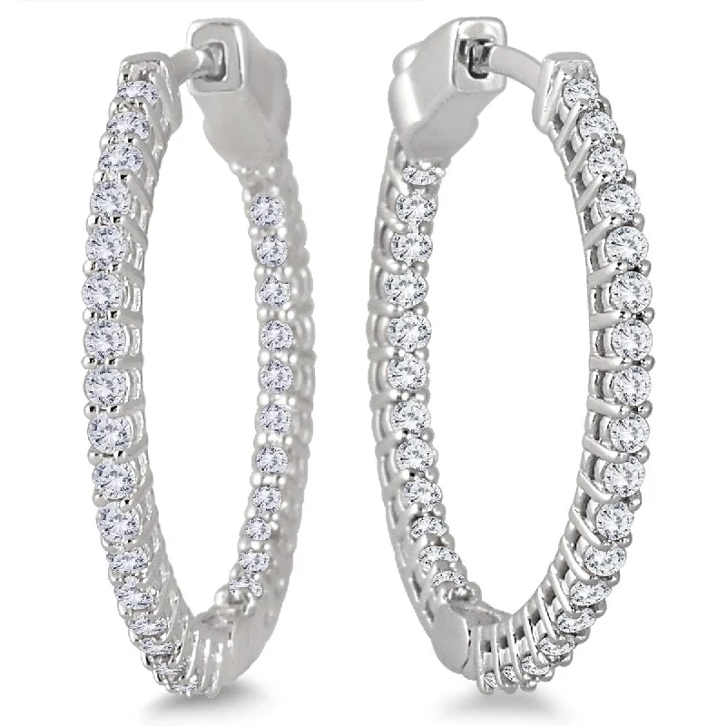 mismatched gemstone earrings for unique combinations -Marquee 1 Carat TW Round Diamond Hoop Earrings with Push Down Button Lock in 10K White Gold