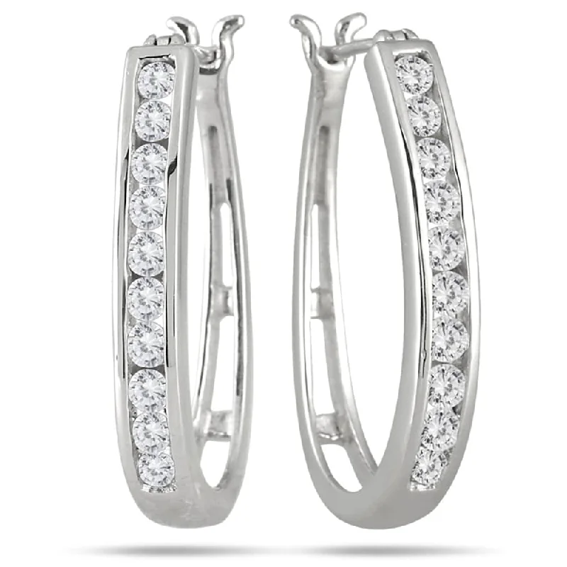 unique animal earrings for quirky style -Marquee 10k White Gold 1ct TDW Round Channel Set Diamond Hoop Earrings