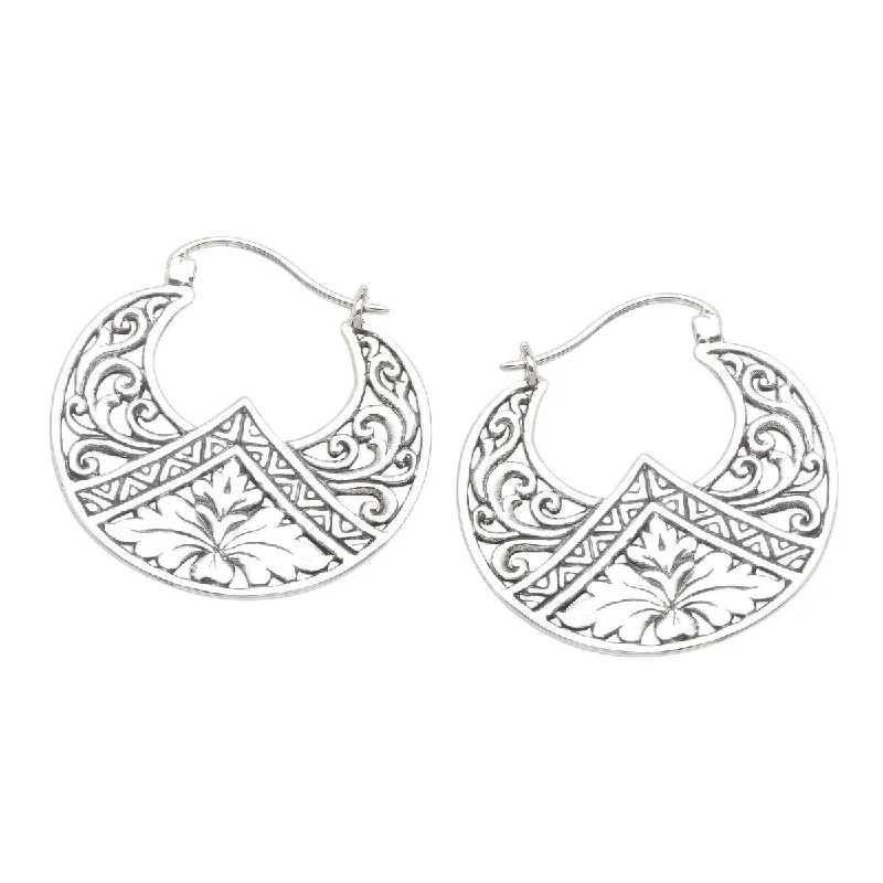 gold leaf earrings for a natural touch -NOVICA Flame Flower, Sterling silver hoop earrings - 1.2D