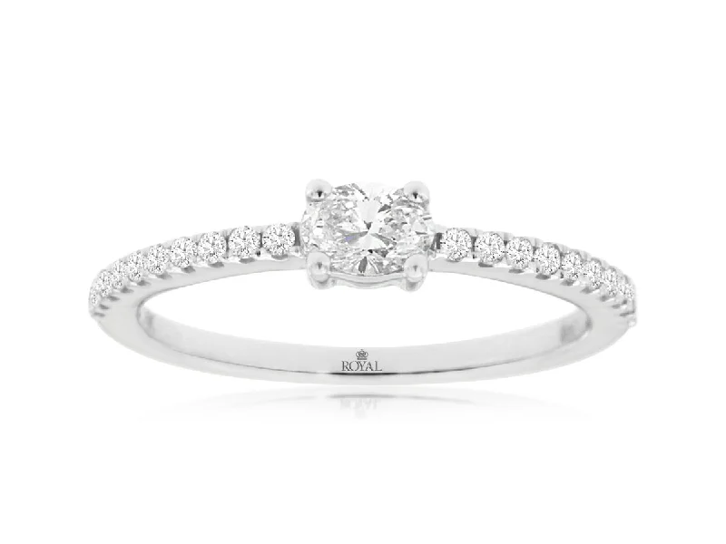 gold rings for women with diamonds-Oval Diamond Pave Engagement Ring in 14k White Gold, 0.42cttw