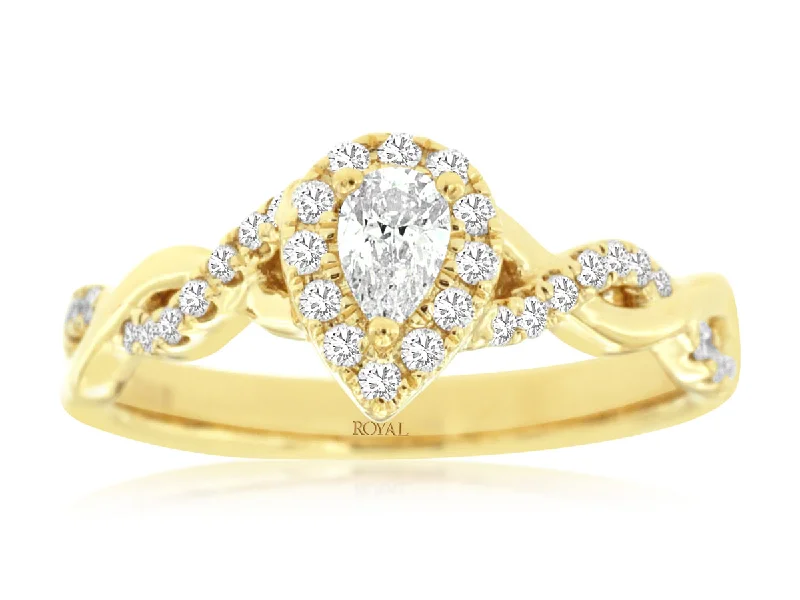 handmade rings for men-Pear Shaped Diamond Halo Crossover Engagement Ring in 14k Yellow Gold, 0.85cttw