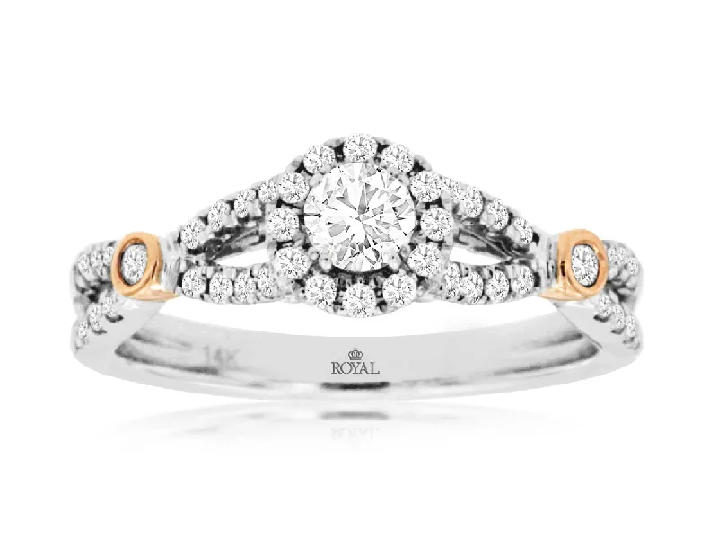 white gold wedding bands for men-Round Diamond Crossover Halo Engagement Ring in 14k White and Rose Gold, 0.58cttw