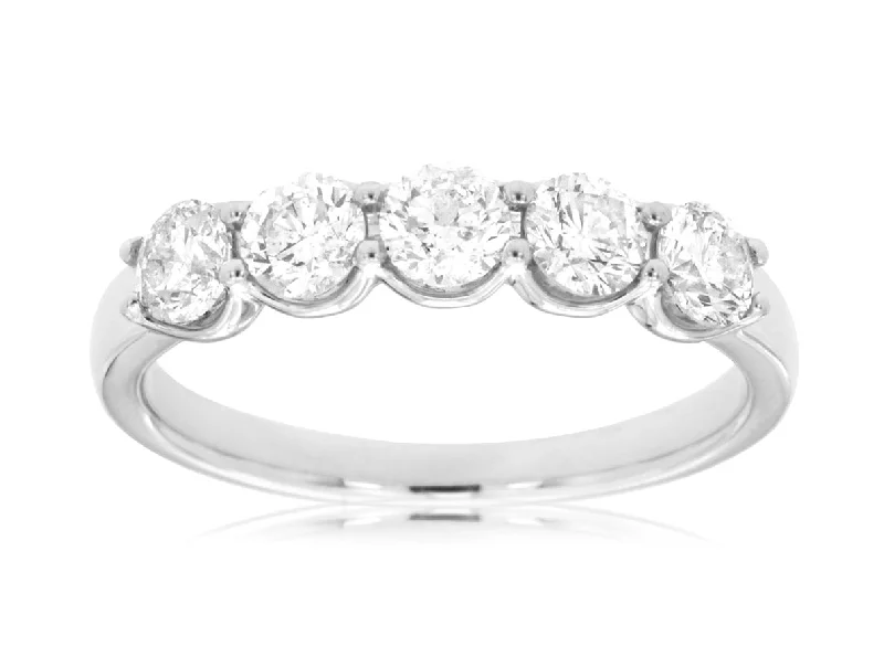 classic silver rings for women-Round Diamond Shared Prong Wedding Band in 14k White Gold, 1.0cttw