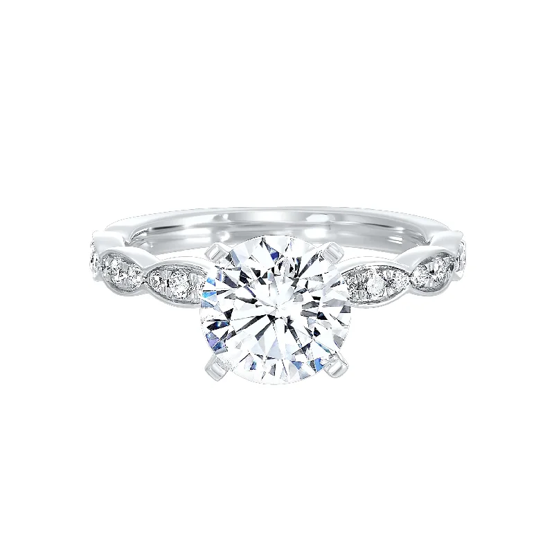 vintage wedding rings with gemstones-Round Lab-Created Diamond Marquise Pave Engagement Ring in White Gold, 2.25 cttw