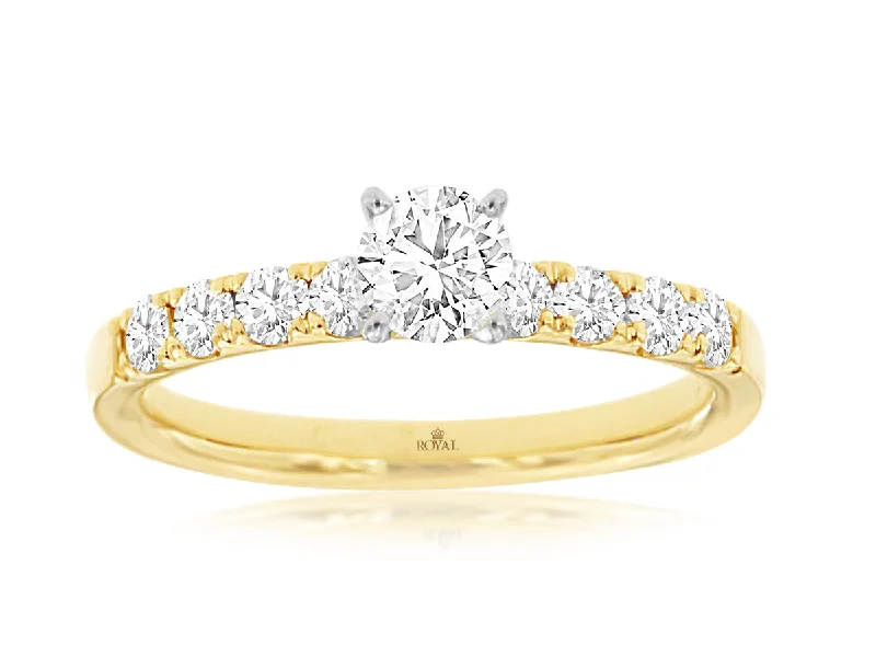 contemporary wedding rings-Round Prong Set Diamond Engagement Ring in 14k Yellow Gold, 0.85cttw