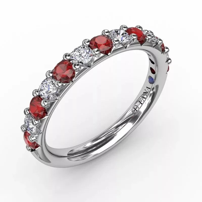 handmade rings for men-Ruby and Diamond Shared Prong Anniversary Band