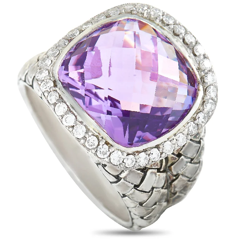 affordable engagement rings for men-Scott Kay Sterling Silver Diamond and Amethyst Dome Ring