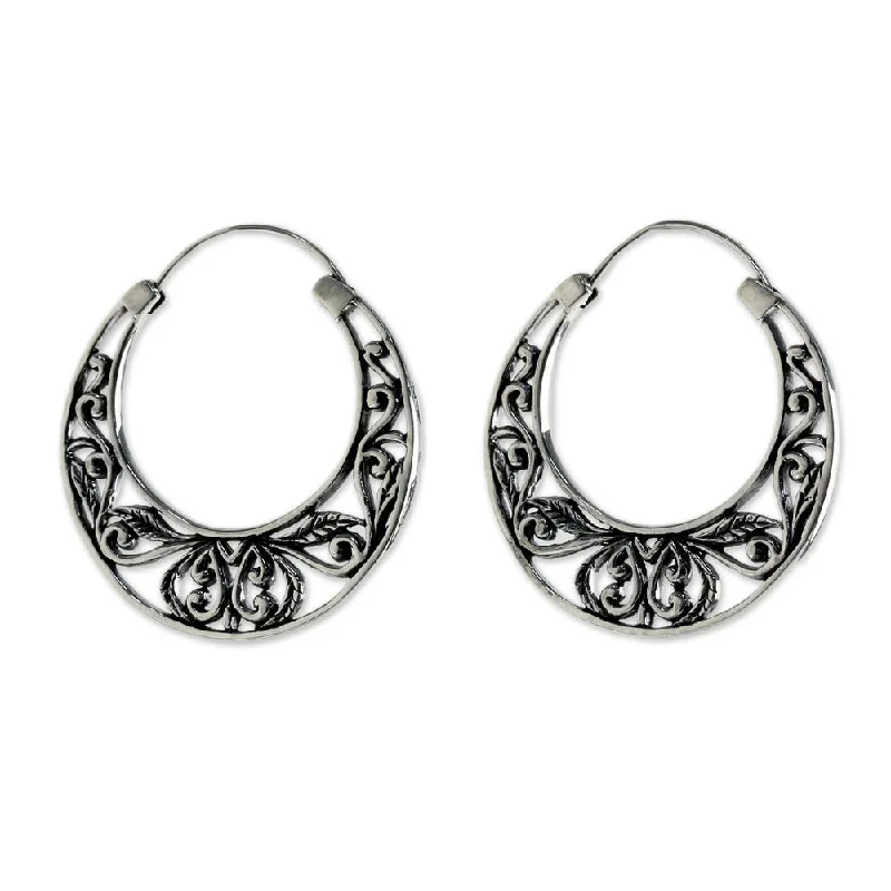 playful tassel earrings for fun and fashion -Sterling Silver Hoop Earrings, 'Leafy Spring' (Thailand) - 1.4L*0.1W