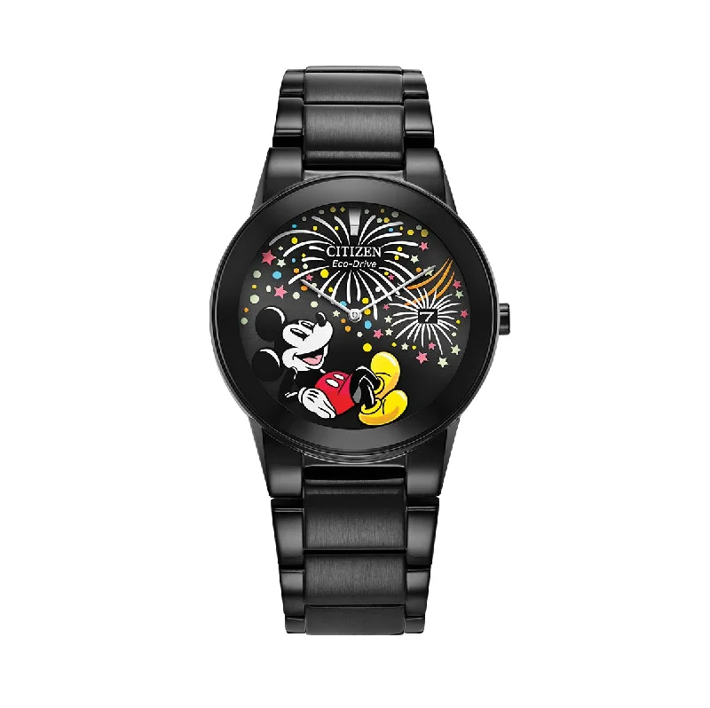 sport watches with advanced sensor technology -Citizen Disney Mickey Fiesta Watch in Black Stainless Steel Bracelet. AU1095-57W