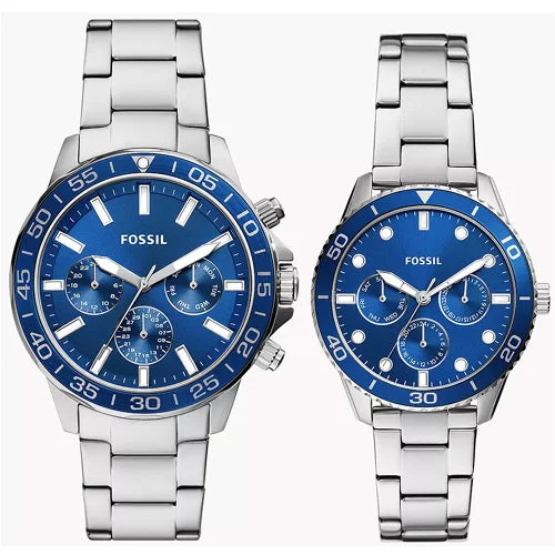 classic silver watches for men with leather band -Fossil Bannon Blue Dial Pair 45mm & 38mm BQ2828SET