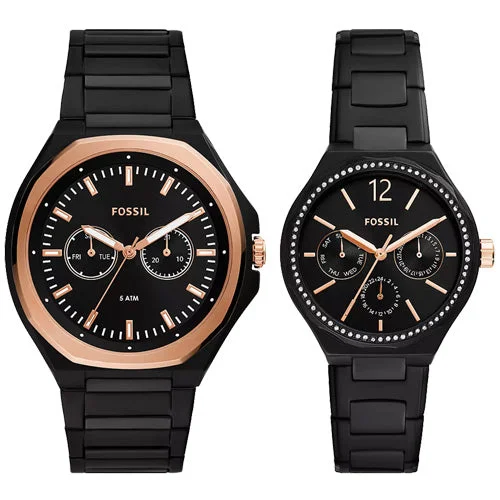 smartwatches for seniors with large display -Fossil Evanston Black Dial Pair 45mm & 36mm BQ2645SET