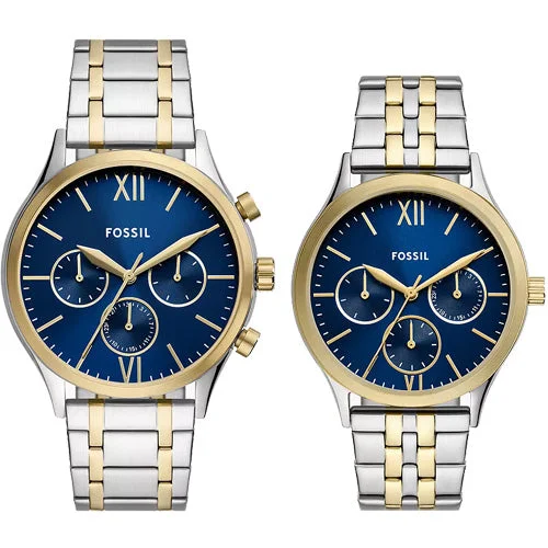 mechanical watches with power reserve feature -Fossil Fenmore Blue Dial Pair 44mm & 36mm BQ2900SET