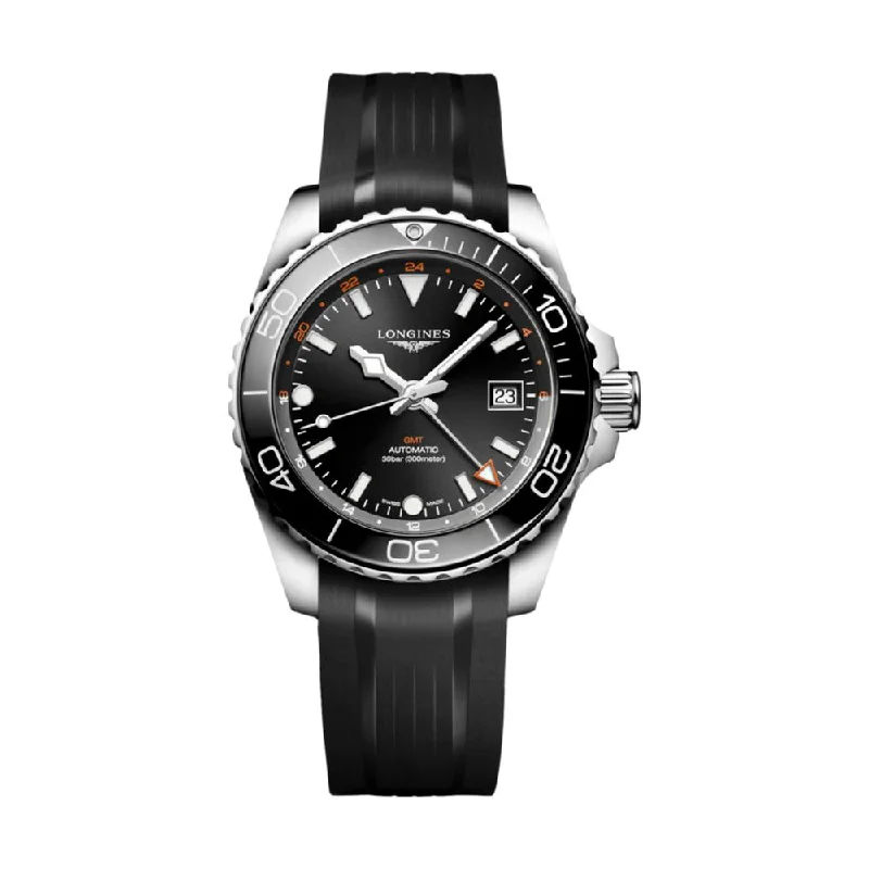 digital sport watches for active men -HydroConquest GMT Black Dial 41mm on Rubber Strap