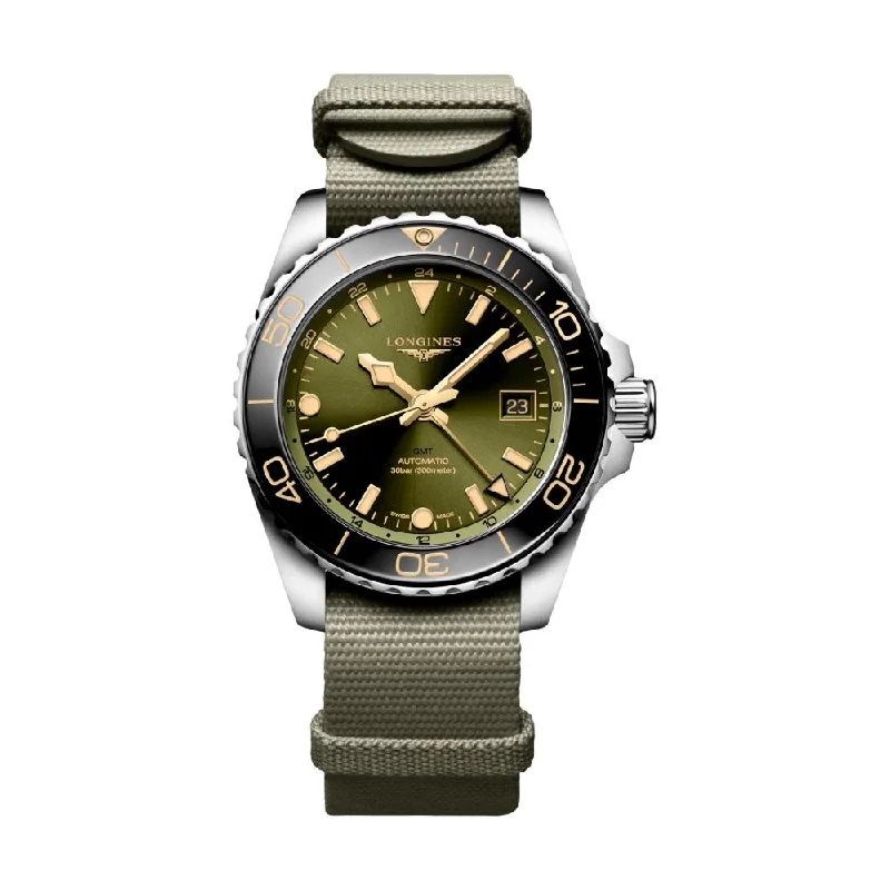 minimalist watches with clean and simple dials -HydroConquest GMT Green Dial 41mm on Fabric One Piece Strap