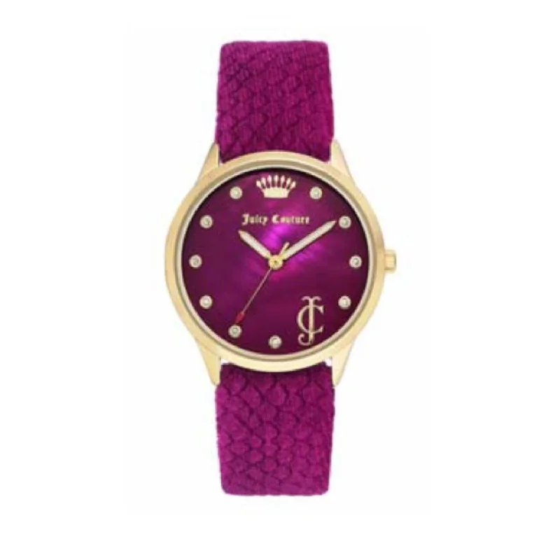 watches with classic and contemporary mix -Juicy Couture with 36X36 MM Yellow Round Dial Velvet Band Strap; JC-1060HPHP