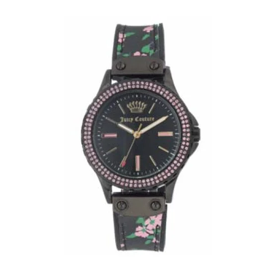 sport watches with heart rate tracking -Juicy Couture with 38X38 MM Black Round Dial Silicone Band Strap; JC-1009PKFL