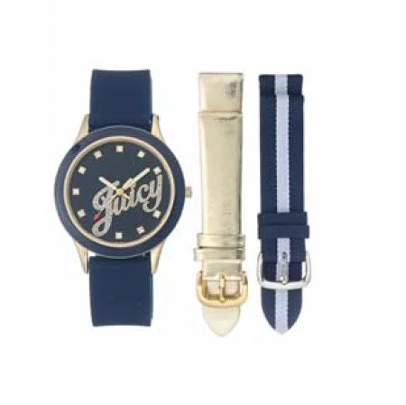 women’s watches with rose gold-plated bands -Juicy Couture with 38X38 MM Blue Round Dial Silicone Band Strap; JC-1036INST