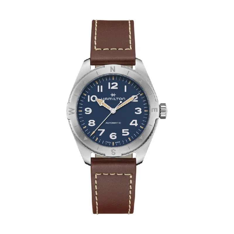 automatic watches with vintage charm -Khaki Expedition 41mm, Blue on Strap