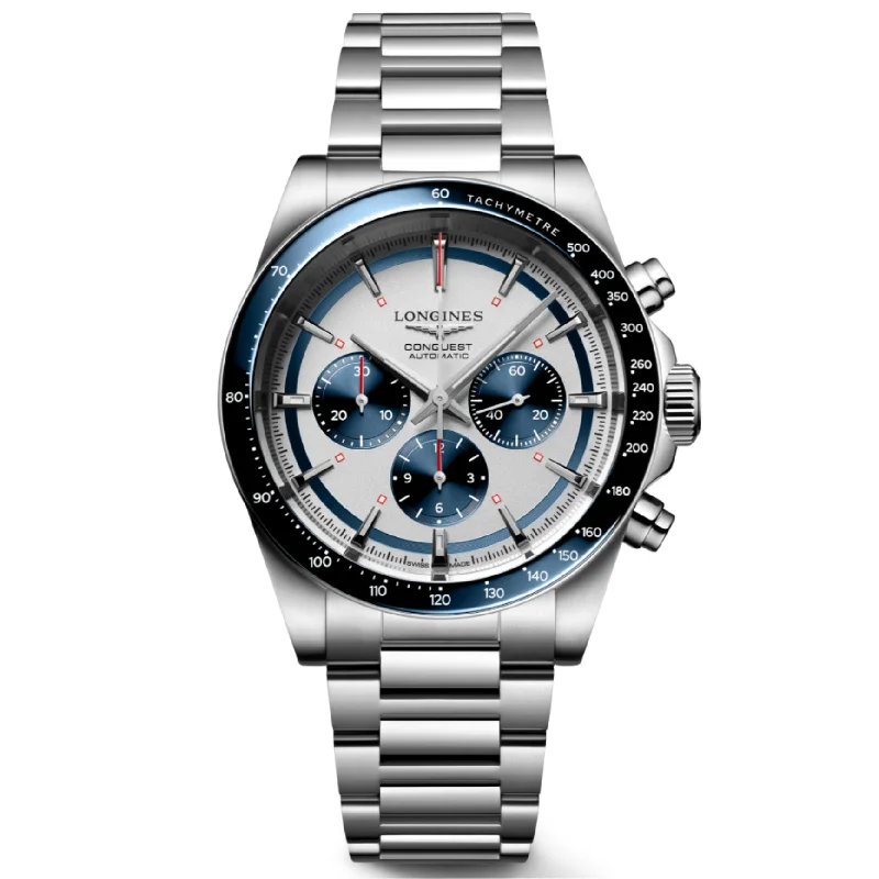 watches for men with vintage style leather bands -Longines Conquest Chronograph Silver Matt & Blue Dial Men 42mm