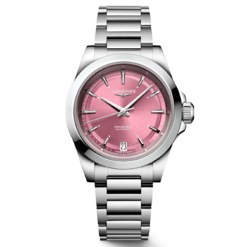 stylish watches for business meetings -Longines Conquest Sunray Pink Dial Men 34mm