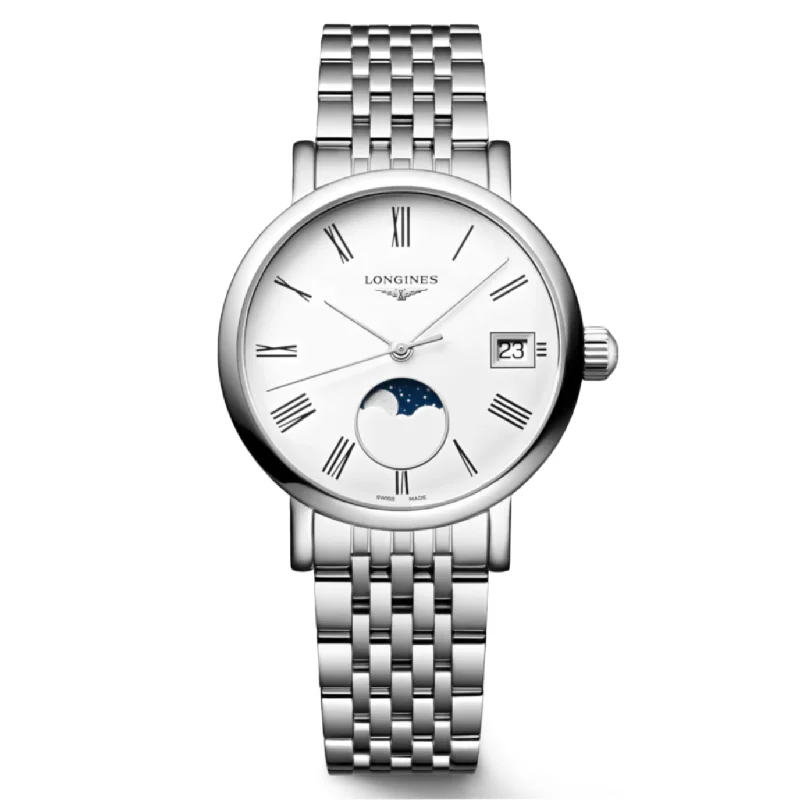 affordable quartz watches for everyday wear -Longines Elegant Moonphase White Matt Dial Men 30mm