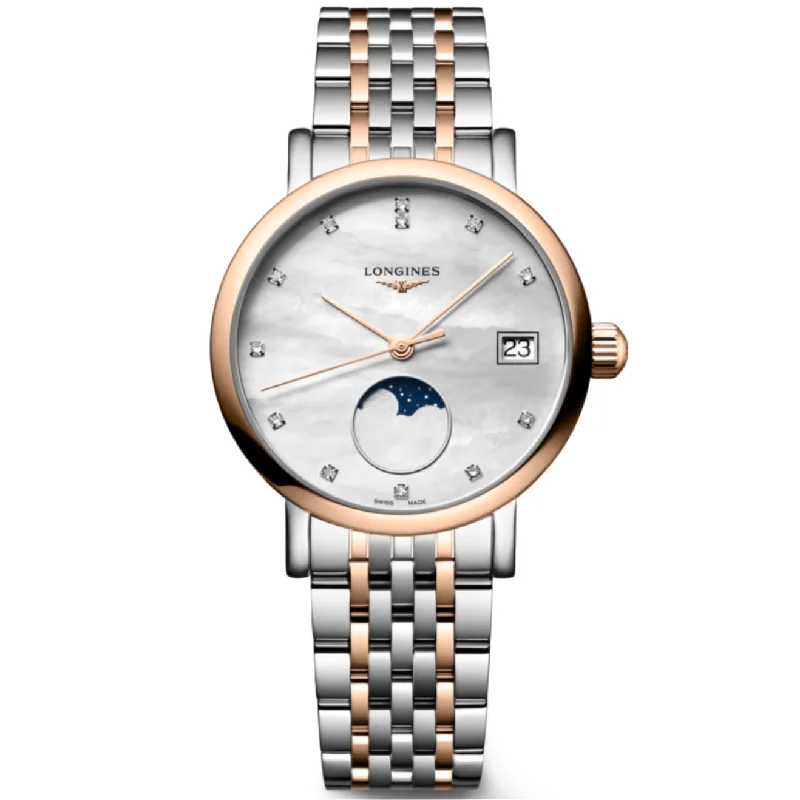 sport watches for women with digital display -Longines Elegant Moonphase White Mother-Of-Pearl Dial Men 30mm