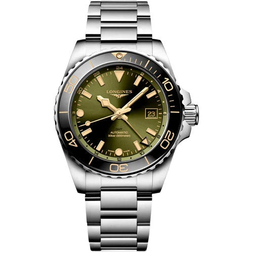 quartz watches for women with gold trim -Longines Hydroconquest Gmt Sunray Green Dial Men 41mm