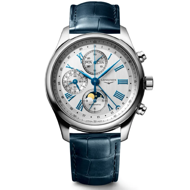 luxury smartwatches for health and wellness -Longines Master Chrono Moonphase Silver Dial Men 42mm