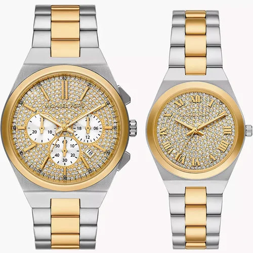 sport digital watches with countdown timer -Michael Kors Lennox Gold Pave Dial Dial Pair 33mm & 41mm MK7503SET