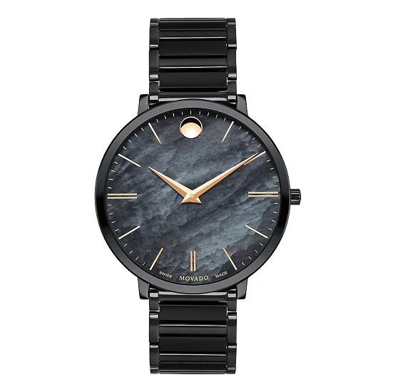 watches for men with digital display -Movado with 35MM Black Mother-of-Pearl Dial and Stainless Steel Bracelet. 0607211