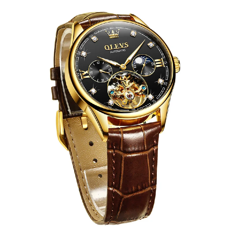 smartwatches with fitness and health tracking -Olevs Tourbillon skeleton luxury business Moon Phase Calendar Leather Luminous Waterproof Men's Automatic Mechanical Watch