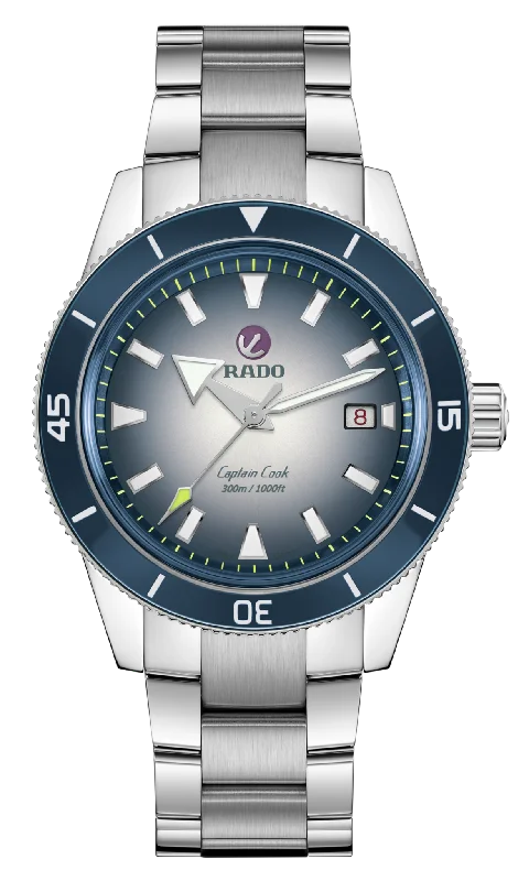 watches for men with digital display -Rado Captain Cook Automatic Blue White Dial Men 42mm