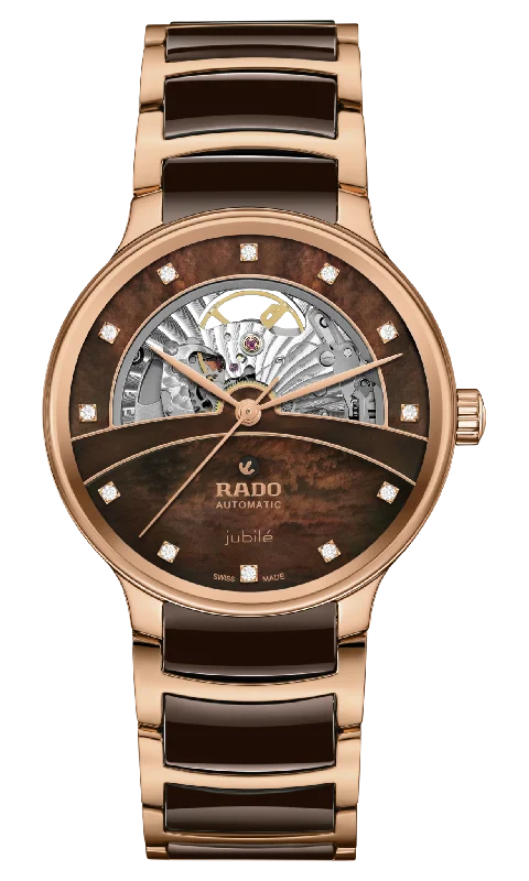 eco-friendly watches with sustainable materials -Rado Centrix Automatic Diamonds Open Heart Brown & Rose Gold Dial Unisex 39.5MM