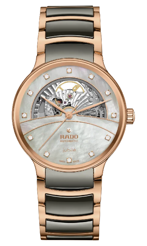 watches for men with eco-friendly materials -Rado Centrix Automatic Diamonds Open Heart Rose Gold & Silver Dial Unisex 39.5MM