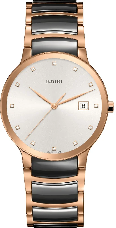 quartz watches for women with gold trim -Rado Centrix Silver Dial Unisex 38mm