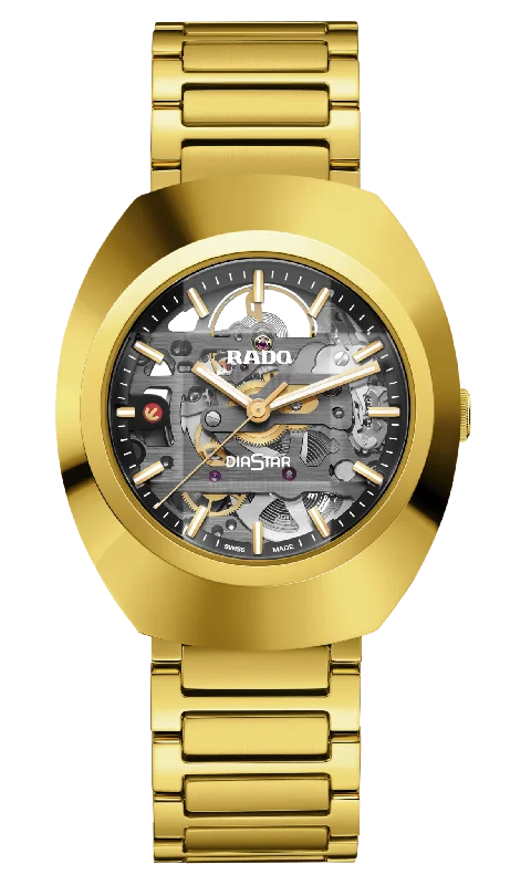 men’s watches with modern and futuristic design -Rado DiaStar Original Skeleton Black, Yellow Dial Unisex 38mm