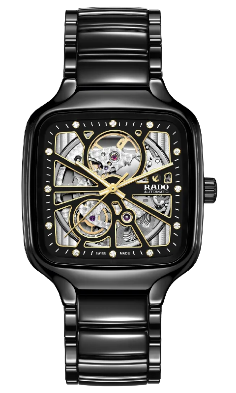 digital watches for athletes with lap timer -Rado True Square Automatic Open Heart Black, Yellow Dial Unisex 38mm