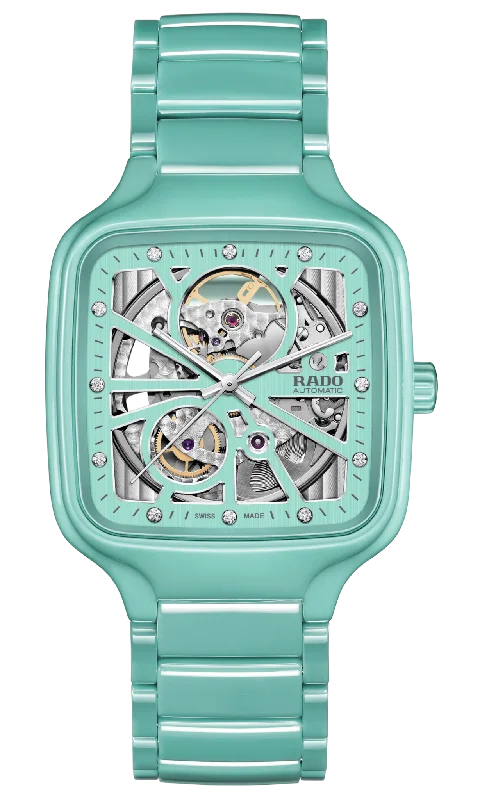 sport watches with built-in heart rate monitor -Rado True Square Automatic Open Heart Silver Turquoise Dial Unisex 38mm