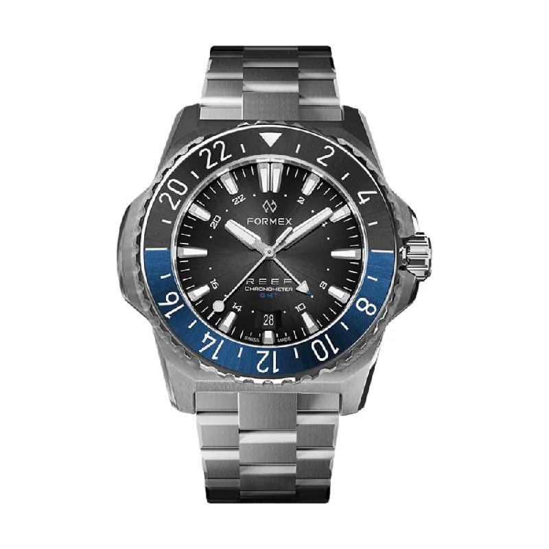 watches for men with sporty and elegant mix -REEF GMT Black Dial Blue & Black Bezel