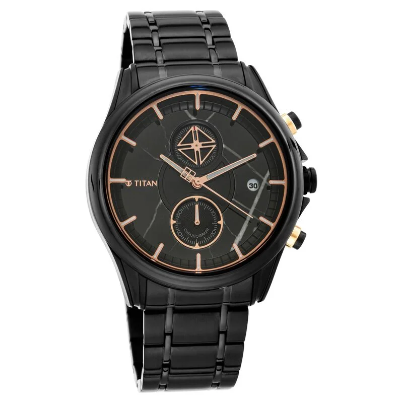 luxury watches with ceramic and leather bands -Titan Grandmaster Black Dial Chronograph Stainless Steel Strap Watch For Men