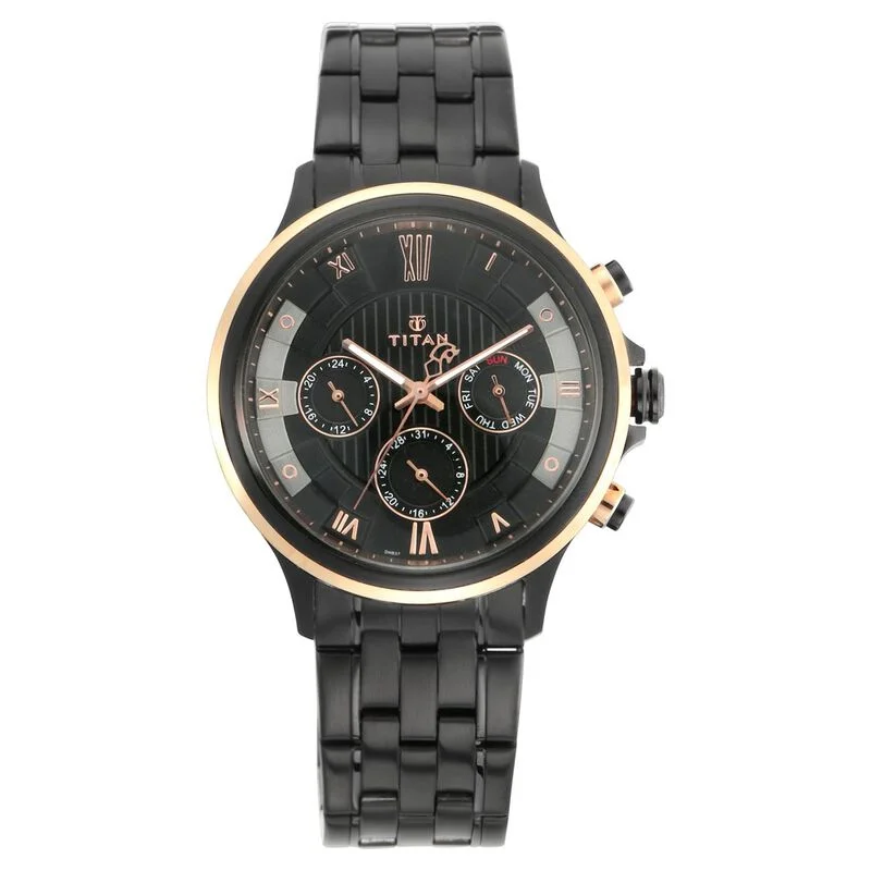 best leather strap watches for men -Titan Grandmaster Black Dial Quartz Multifunction Metal Strap Watch For Men