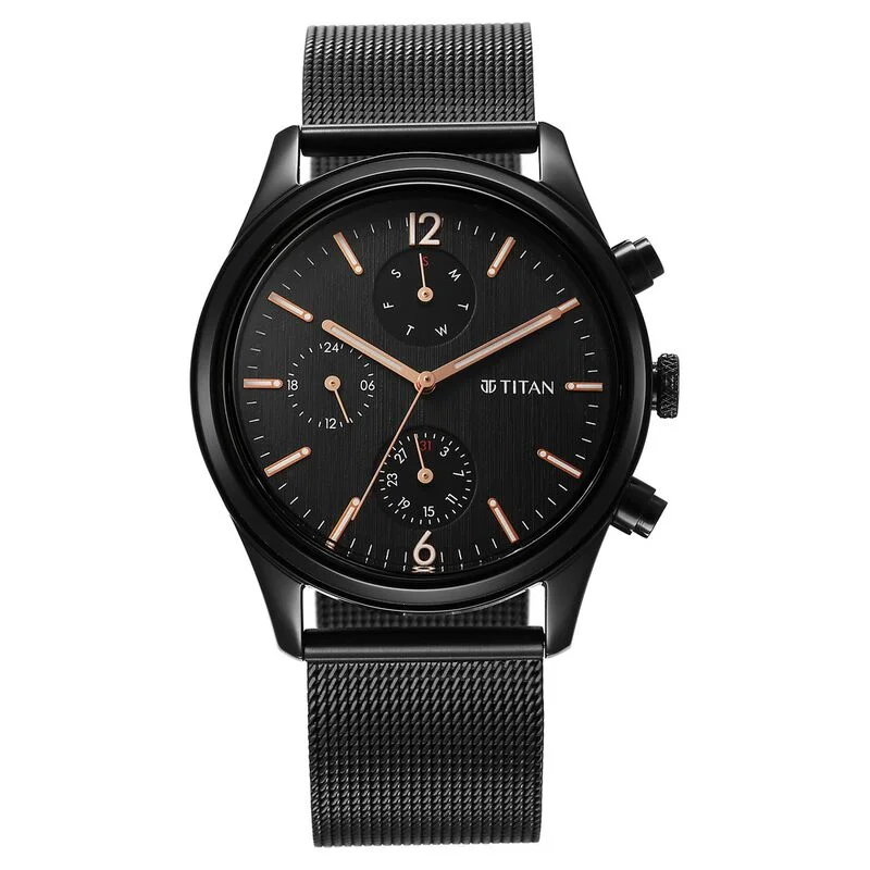 unique watches with modern technology -Titan Neo Black & Gold Quartz Analog With Day And Date Black Dial Stainless Steel Strap Watch For Men