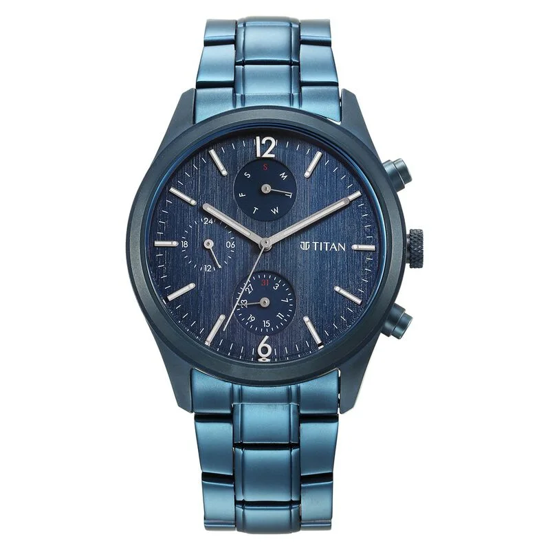 classic men’s watches with leather band -Titan Neo Splash Blue Dial Quartz Multifunction Stainless Steel Strap Watch For Men